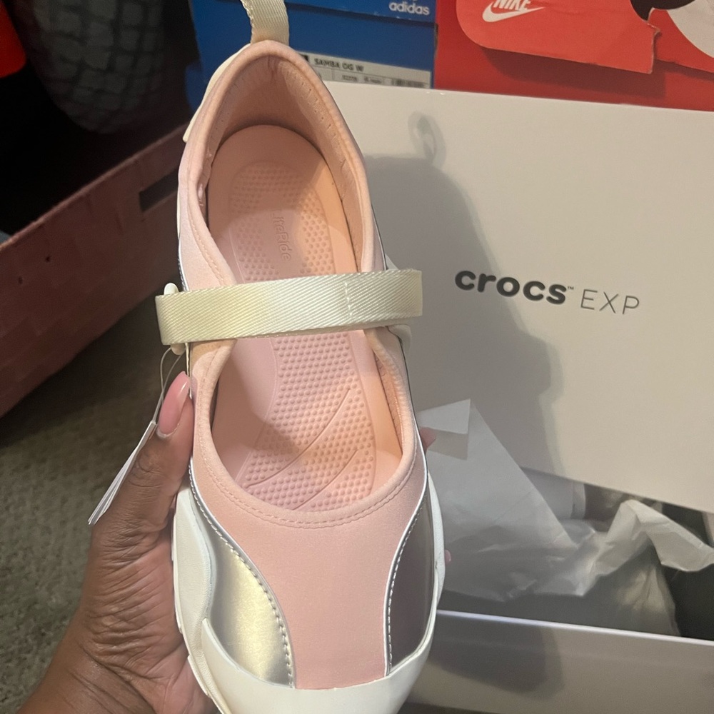 CROCS Women's Pink, Cream & Silver Mary Jane Flats